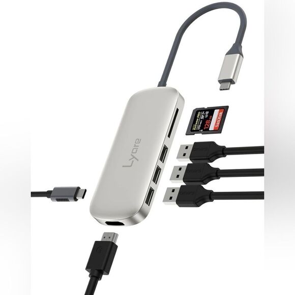 6-in-1 Multiport USB C Adapter Hub For Laptops 3 USB Ports 4K HDMI SD Card NIB - Picture 1 of 8